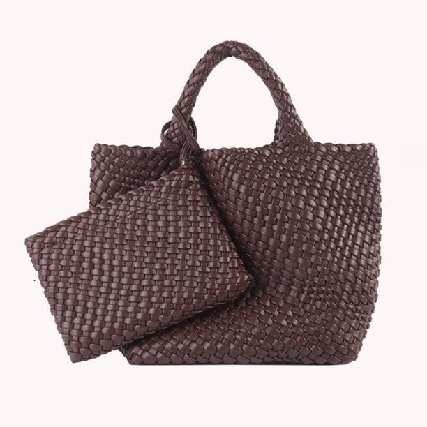 Bolso de mano de moda bolso de hombro femenino tejido PU grande con monedero (café)