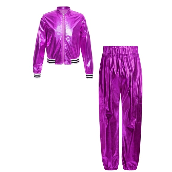 Doomiva Kids Girls Modern Hip Hop Jazz Dance Outfit Disco Party Long Sleeve Metallic Jacket and Pants Streetwear Purple 12