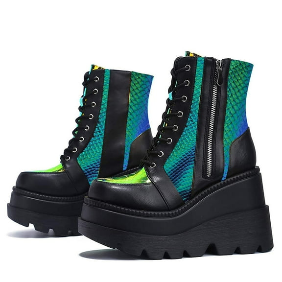 Mepaouo Platform Ankle Boots for Women Goth High Heel Booties Fashion Combat Motorcycle Wedges