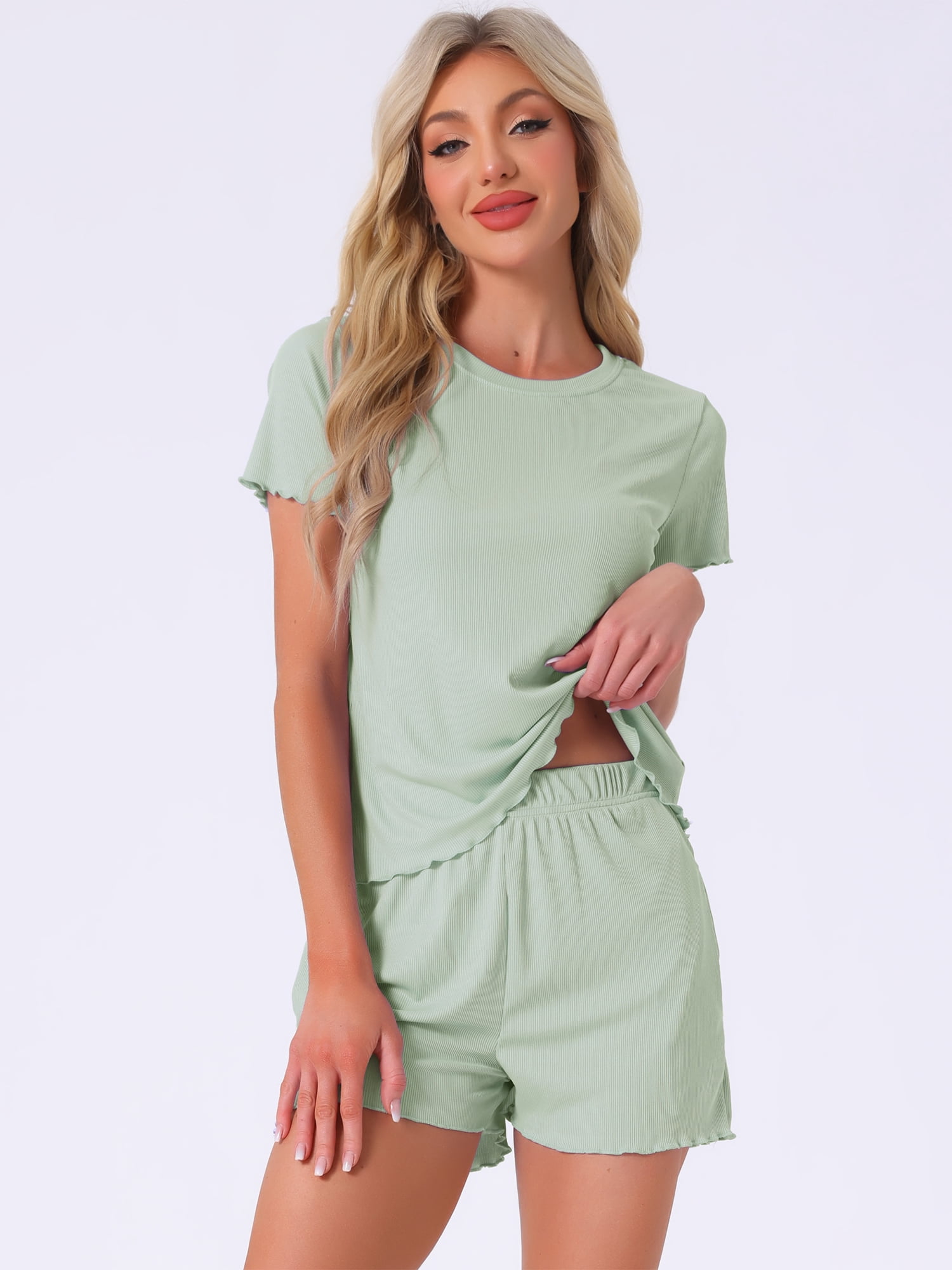 DARING DIVA Ribbed Knit Pajama Set Soft Short Sleeve Top XS Green