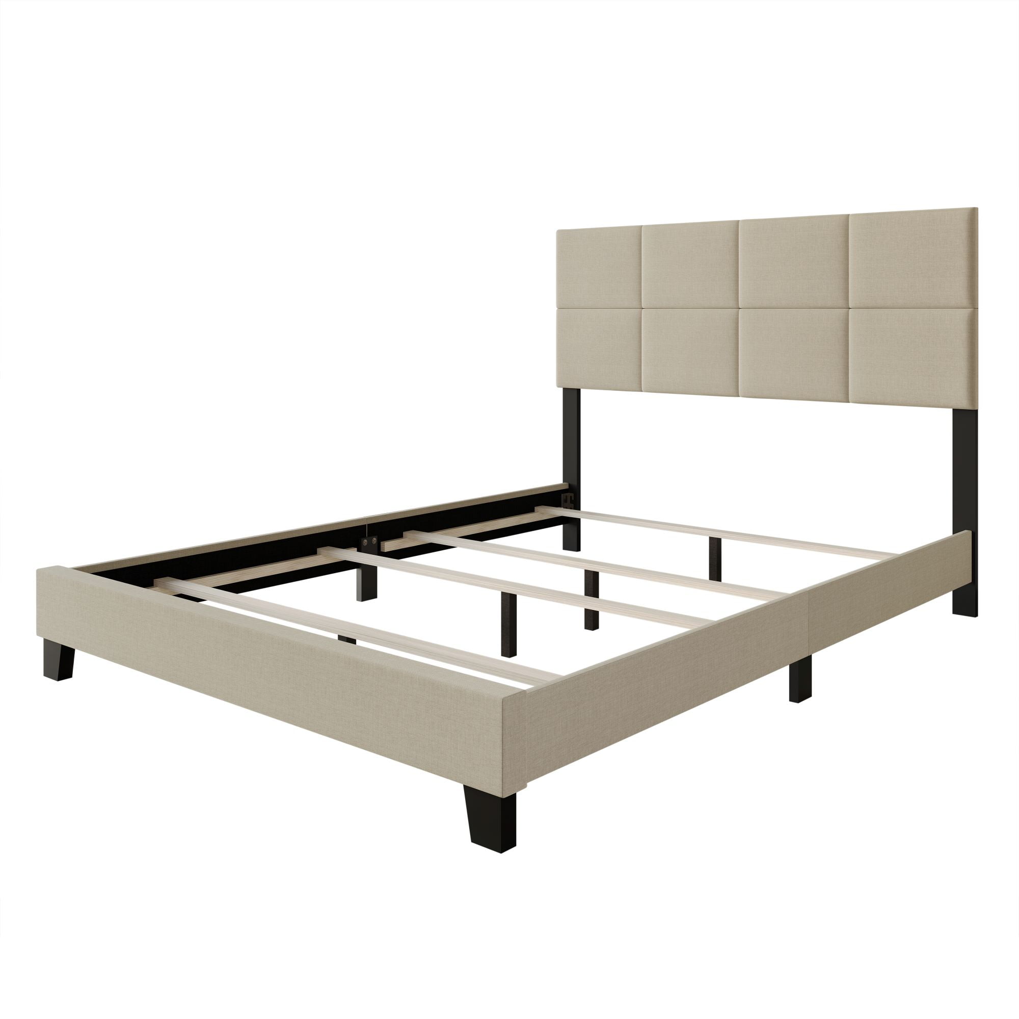Home Design Lufkin Full Upholstered Panel Bed Frame with Checkered Tufted Headboard & Foam-Filled Comfort, Beige, Easy Assembly