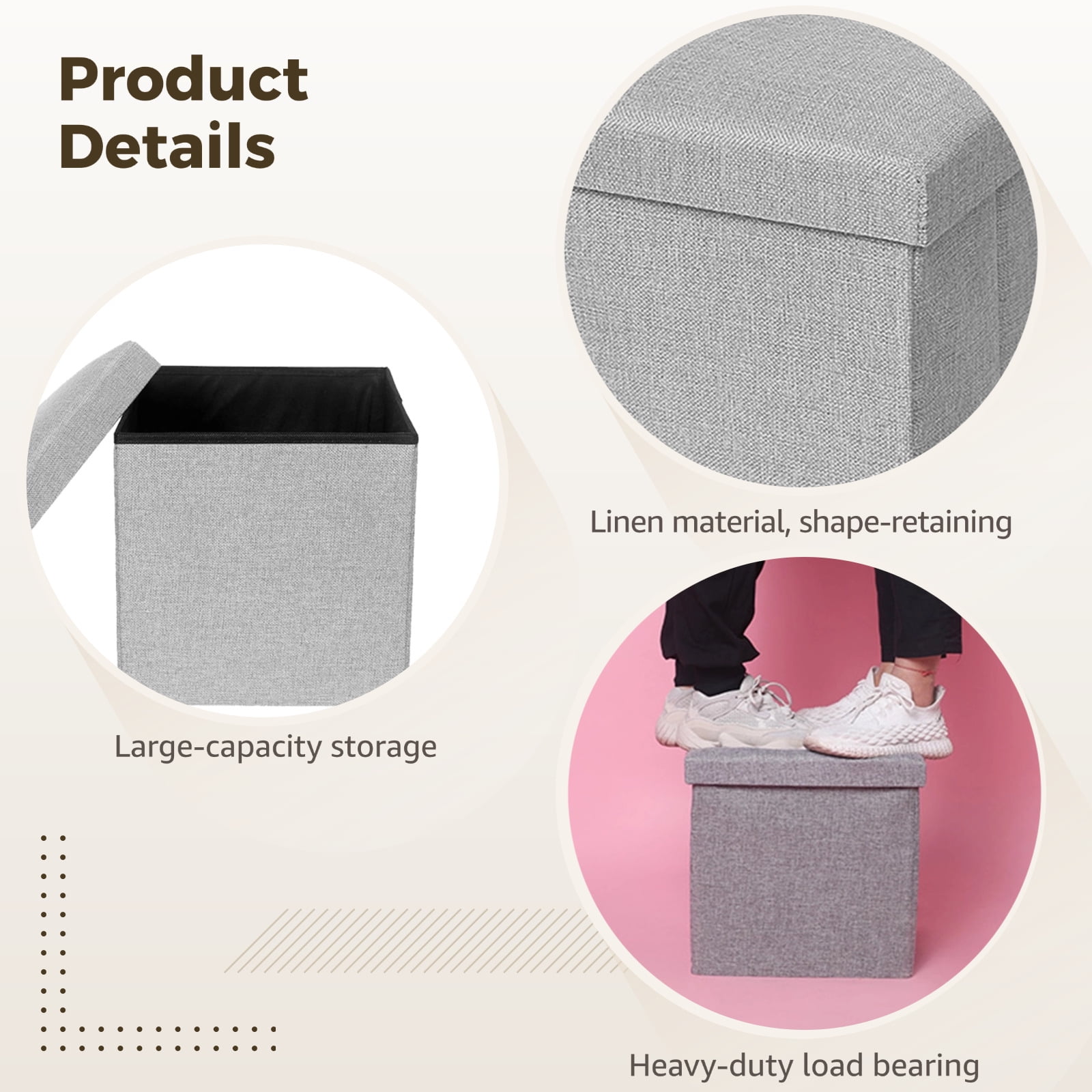 2 Pcs Storage Box, Foldable Cotton Linen Organizer Ottoman, Multi-Purpose Cube for Photos, Keepsakes, Greeting Cards, Household Items, Grey, 10 x 10 x 10 in