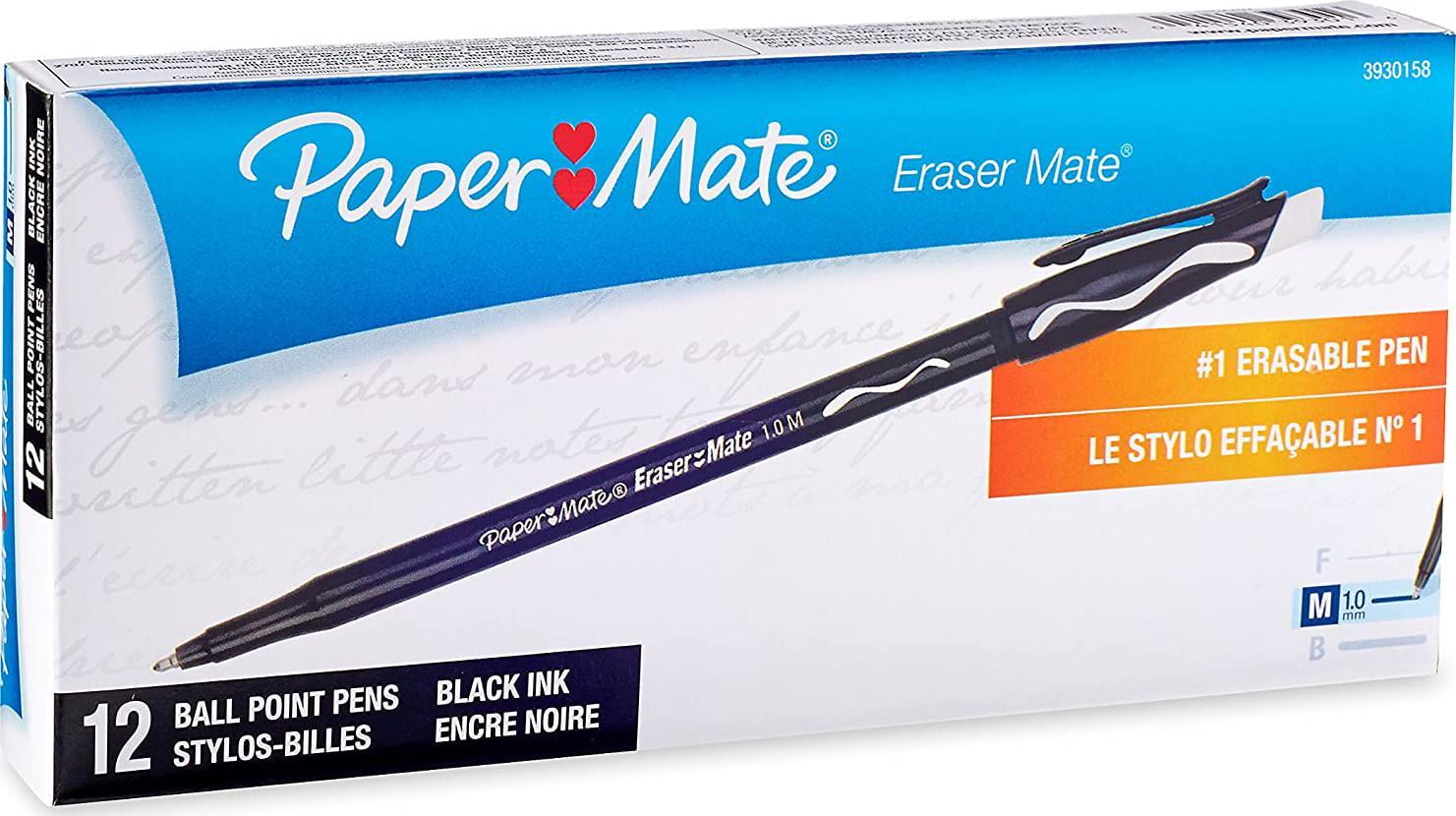 Paper Mate Erasable Ballpoint Stick Pen, Black Ink, Medium, 12 Pens