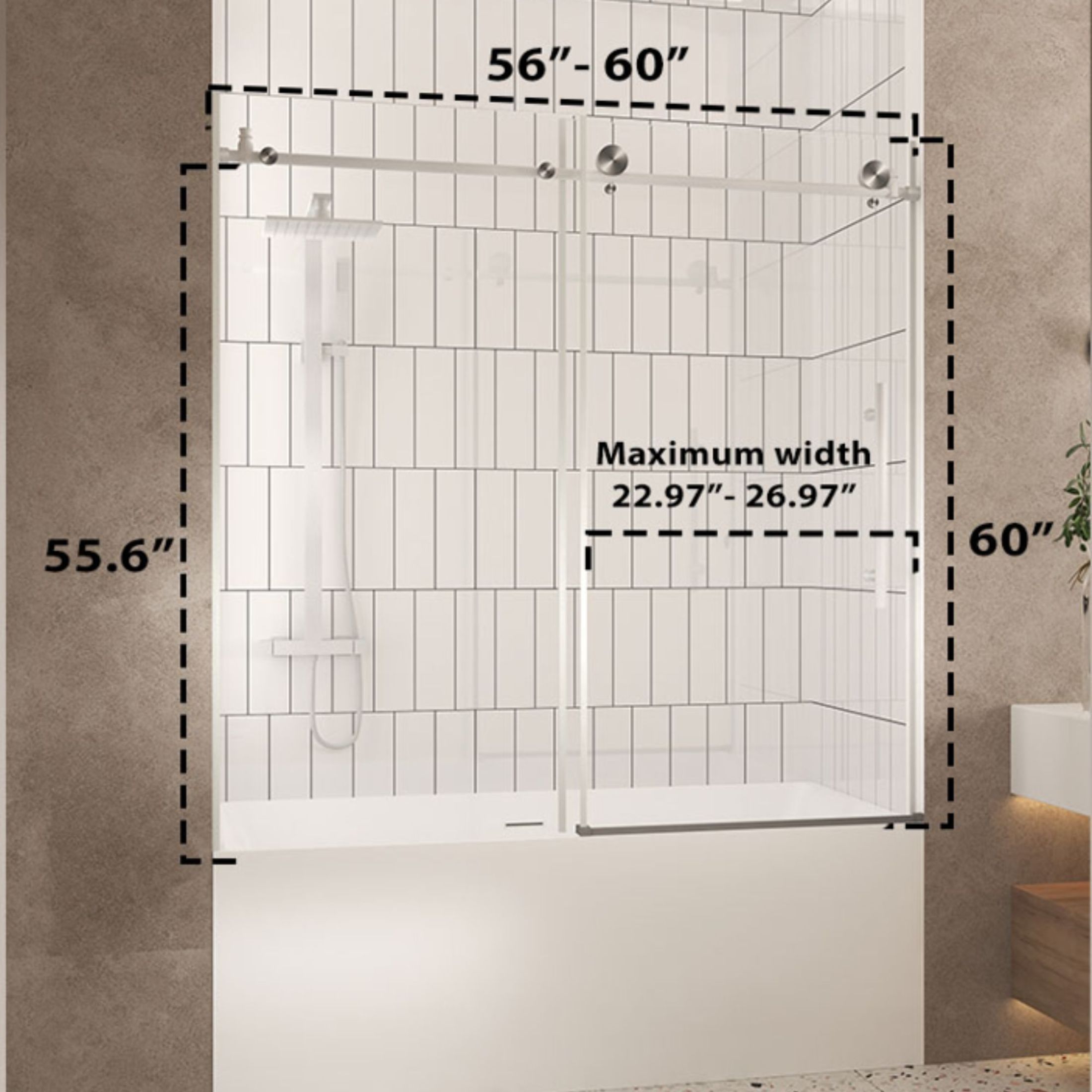 Noble House 60"x60" Frameless Sliding Shower Door, Tempered Glass with Stainless Steel Handle, Brushed Nickel