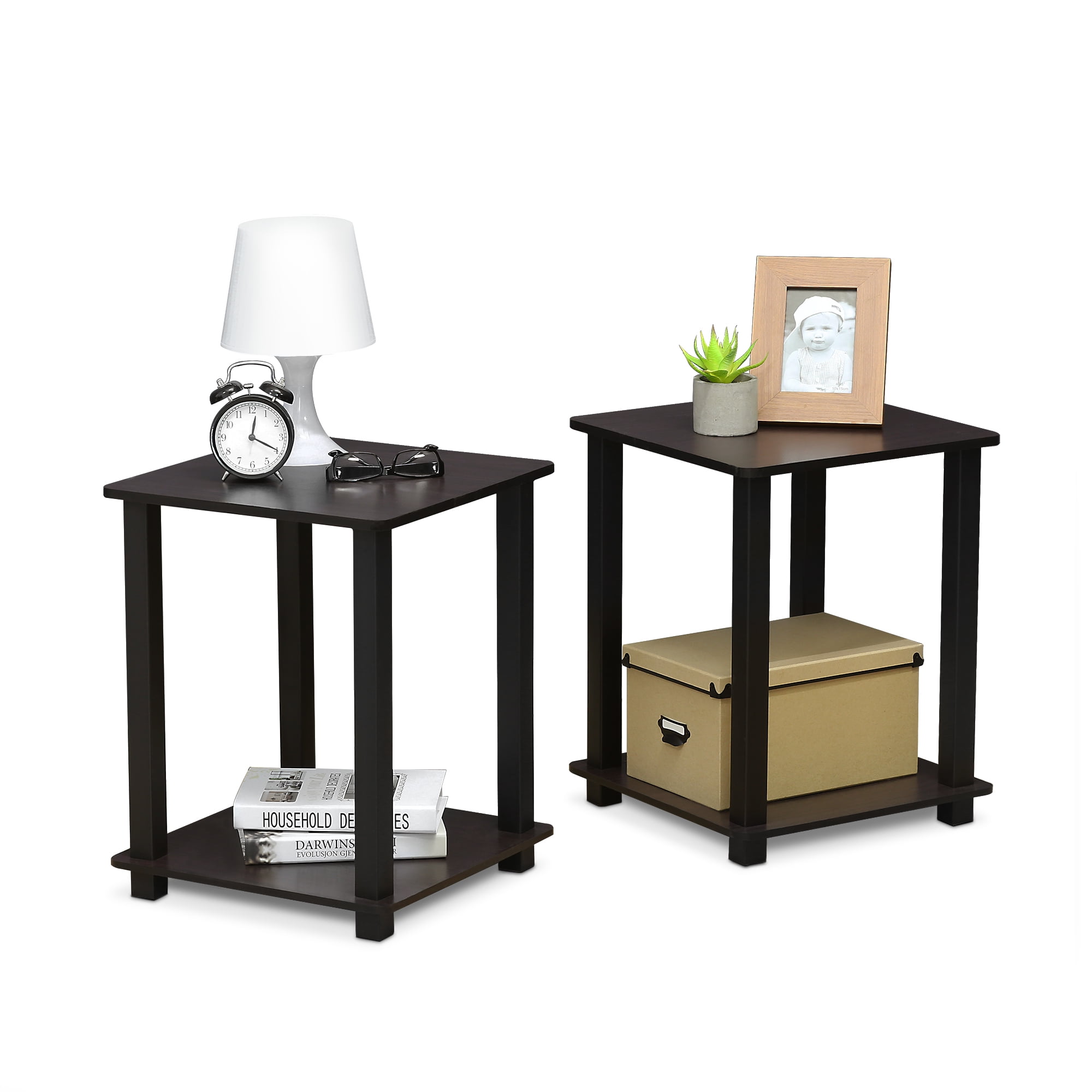 Furinno Simplistic End Table, Set of Two, Dark Walnut/Black
