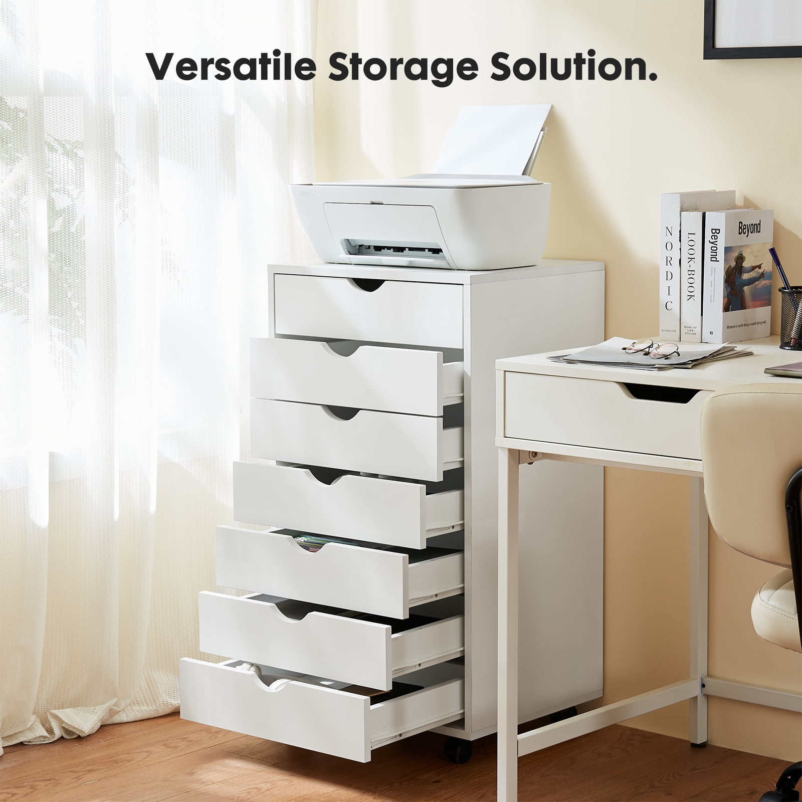Blazezo 7 Drawer Rolling File Cabinet, Mobile Storage Cart with Locking Wheels, Under Desk Organizer, Wood Printer Stand for Home Office, Craft & Closet Storage, Space Saving Furniture (White)