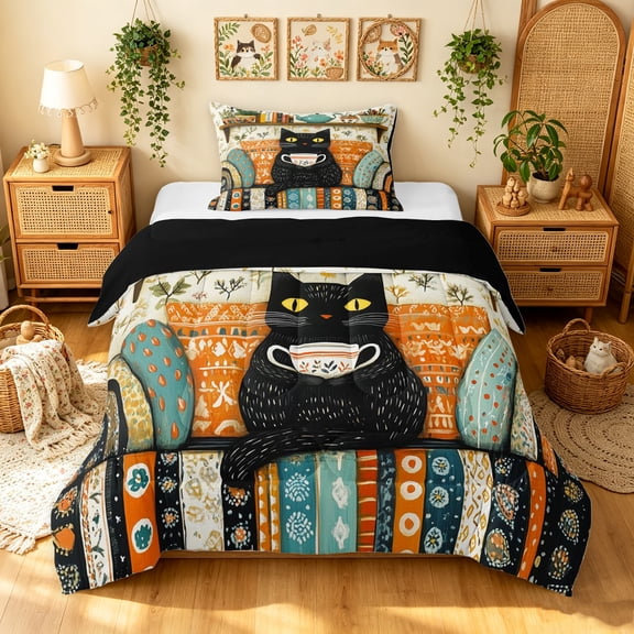Manfei Tribal Kitten Twin Comforter Sets, Bohemian Damask Flower Bedding Set, Orange Cream, Black Reversible, 2pcs, 1 Comforter and 1 Pillowcase