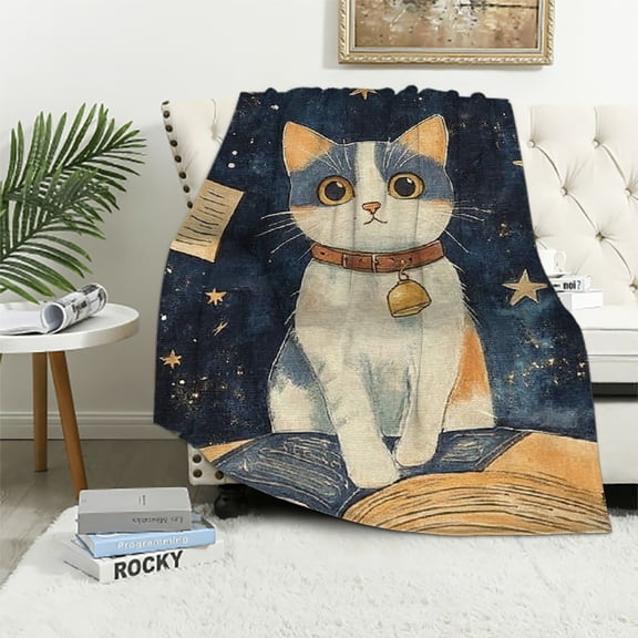 BCIIG Cartoon Cat Books Throw Blanket, Starry Night Clever White Kitten Blankets for Bedroom Living Room Couch Decor, Fuzzy Cozy Soft Lightweight Throws, Gifts for Book Lovers Kids Boys, 40x50in