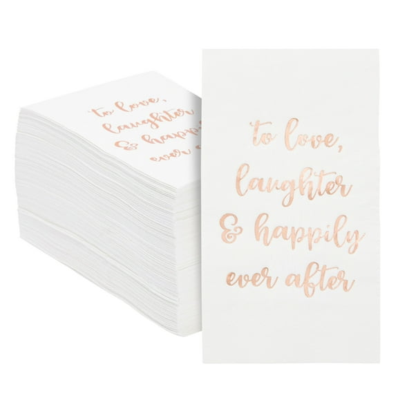 Sparkle and Bash Happily Ever After Wedding Napkins - 4 x 8 In White 3-Ply Paper with Gold Foil Lettering - 100 Pack Disposable Decorative Dinner & Cocktail Napkins for Wedding Day Reception