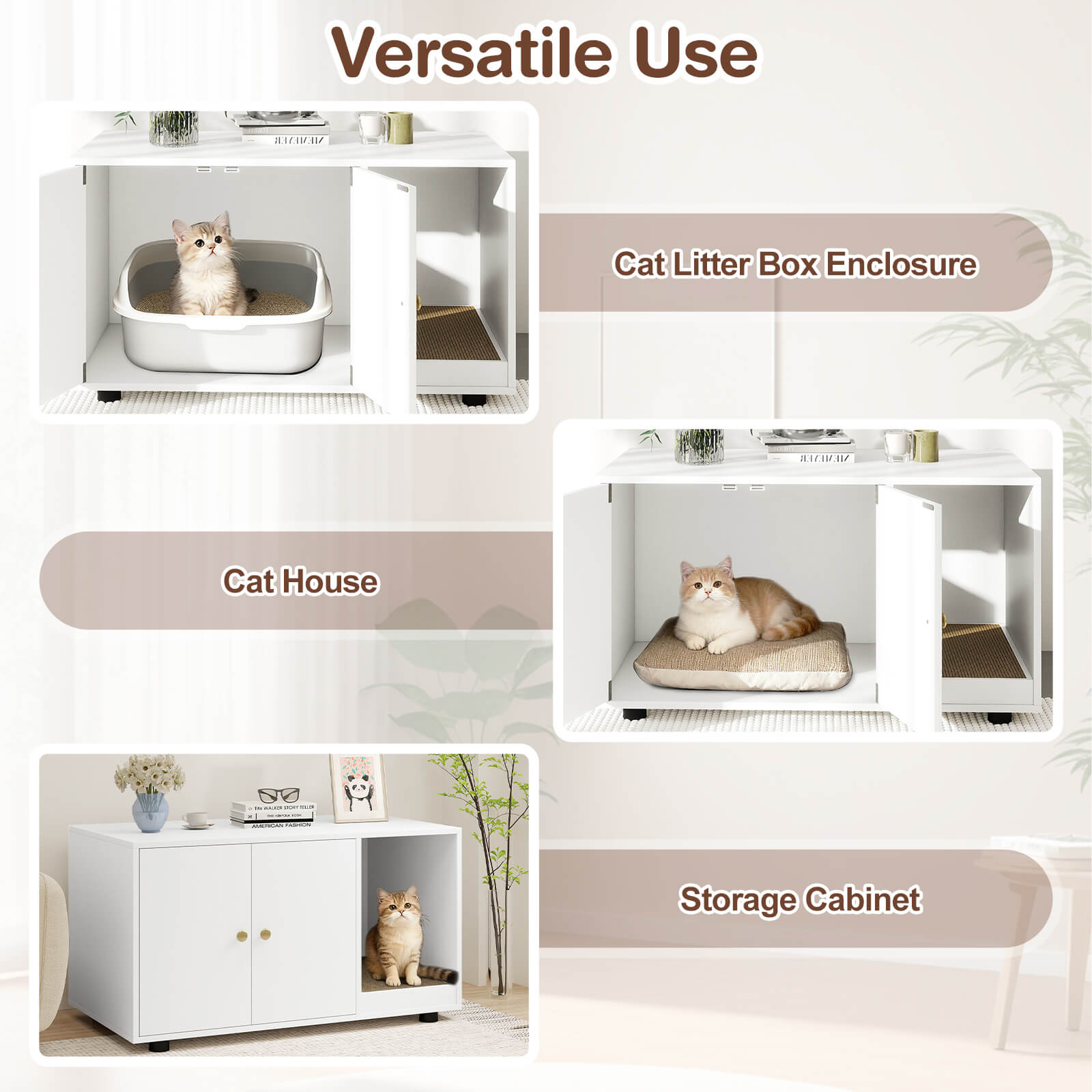 Costway Wooden Cat Litter Box Enclosure, Hidden Litter Box Furniture with Scratching Board White