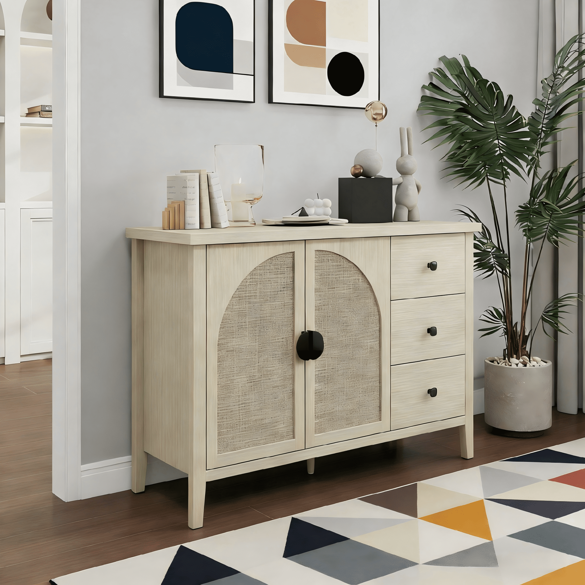 Gewnee Rattan 2 Door 3 Drawer Cabinet, Suitable for Bedroom, Living Room, Study