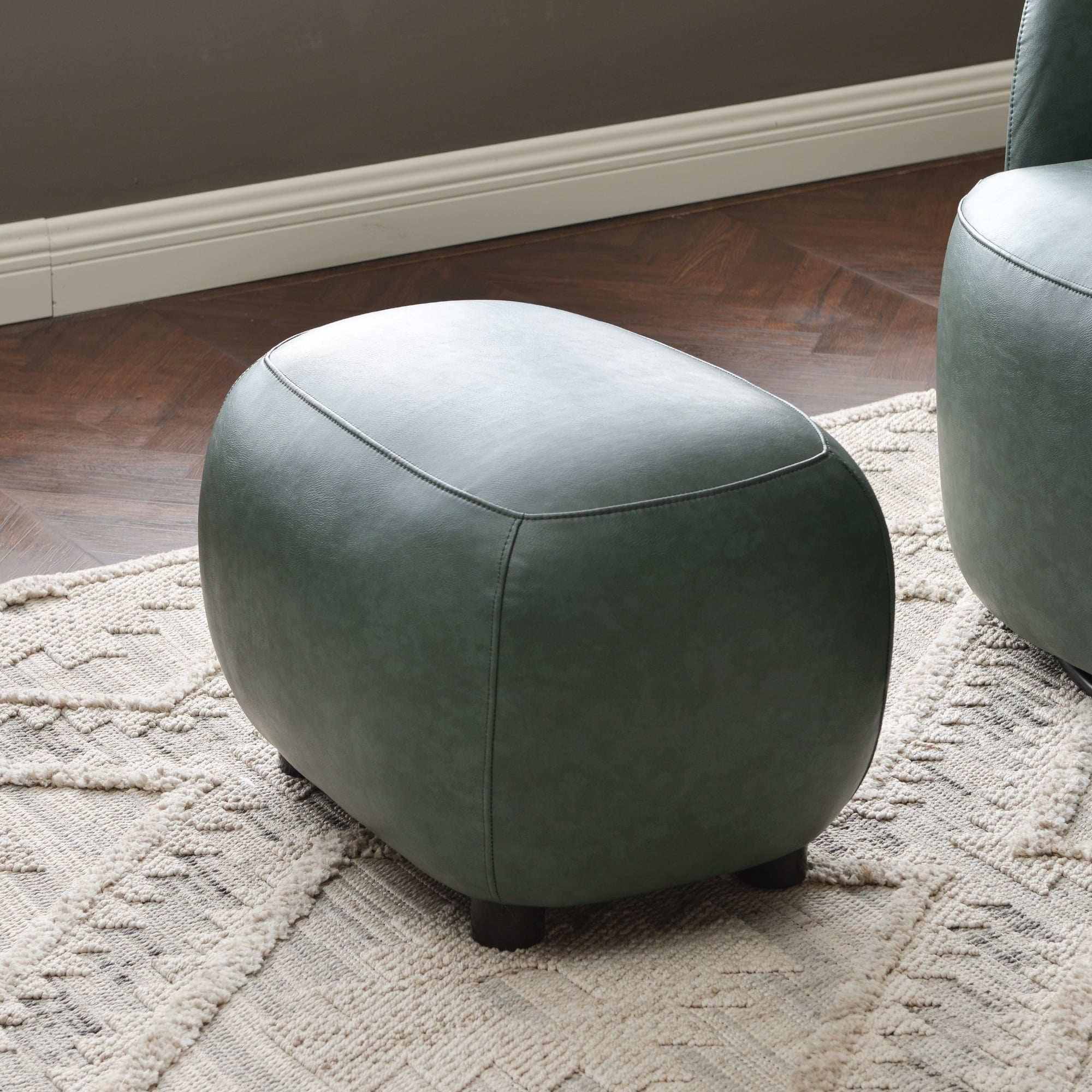 23" Wide Faux Leather Upholstered Ottoman, Mid-Century Modern Living Room Footrest with Soft Padded Seat, Footstool for Bedroom, Entryway or Living Room, Green