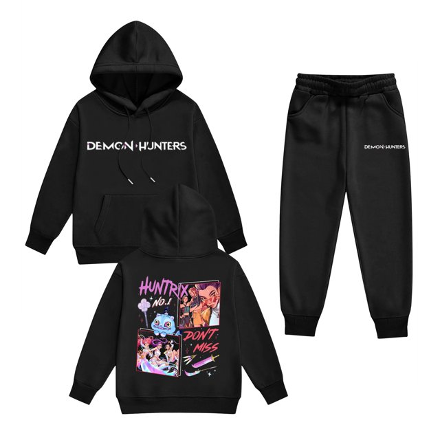 Pop cazadora para niña Demo-n Hunters Boys Girls Fashion Hooded Sweatshirt Set Streetwear Soft Comfortable Long Sleeve Hoodie for Daily Wear Spring Fall Winter (Black)