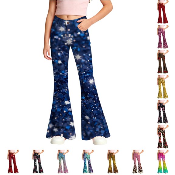 WhouRiu Girls Casual Flared Pants Fashion Graphic Rigid Waist Trousers With Pockets Kids Comfortable Cute Everyday Wear,13-14 Years
