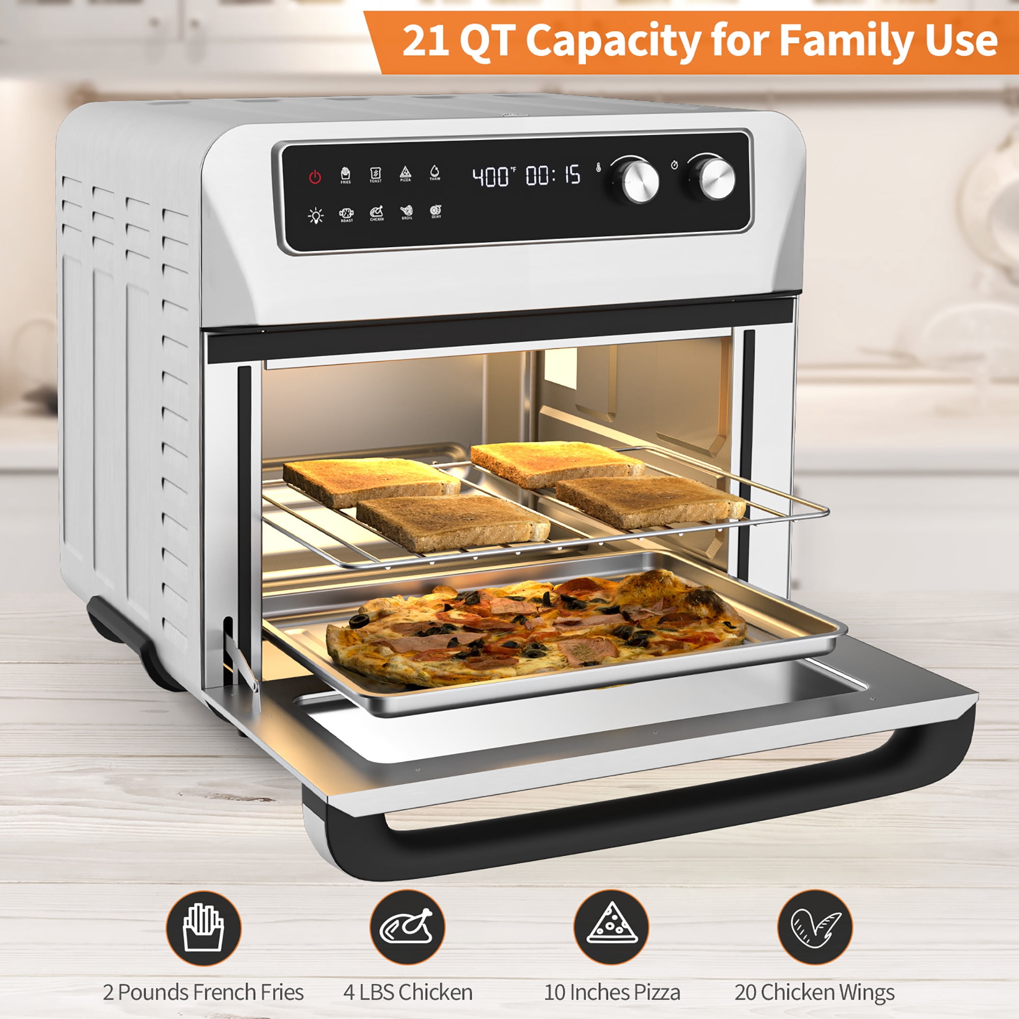 COSTWAY Air Fryer Toaster Oven, 7-in-1 Convection Countertop  Oven with Auto-Shut-Off, Timer, Accessories & Cookbook, 1800W, 21.5 QT Air  Fryer Toaster Oven Combo, Bake, Broil, Toast, Reheat, Fry Oil-Free,  Stainless Steel 