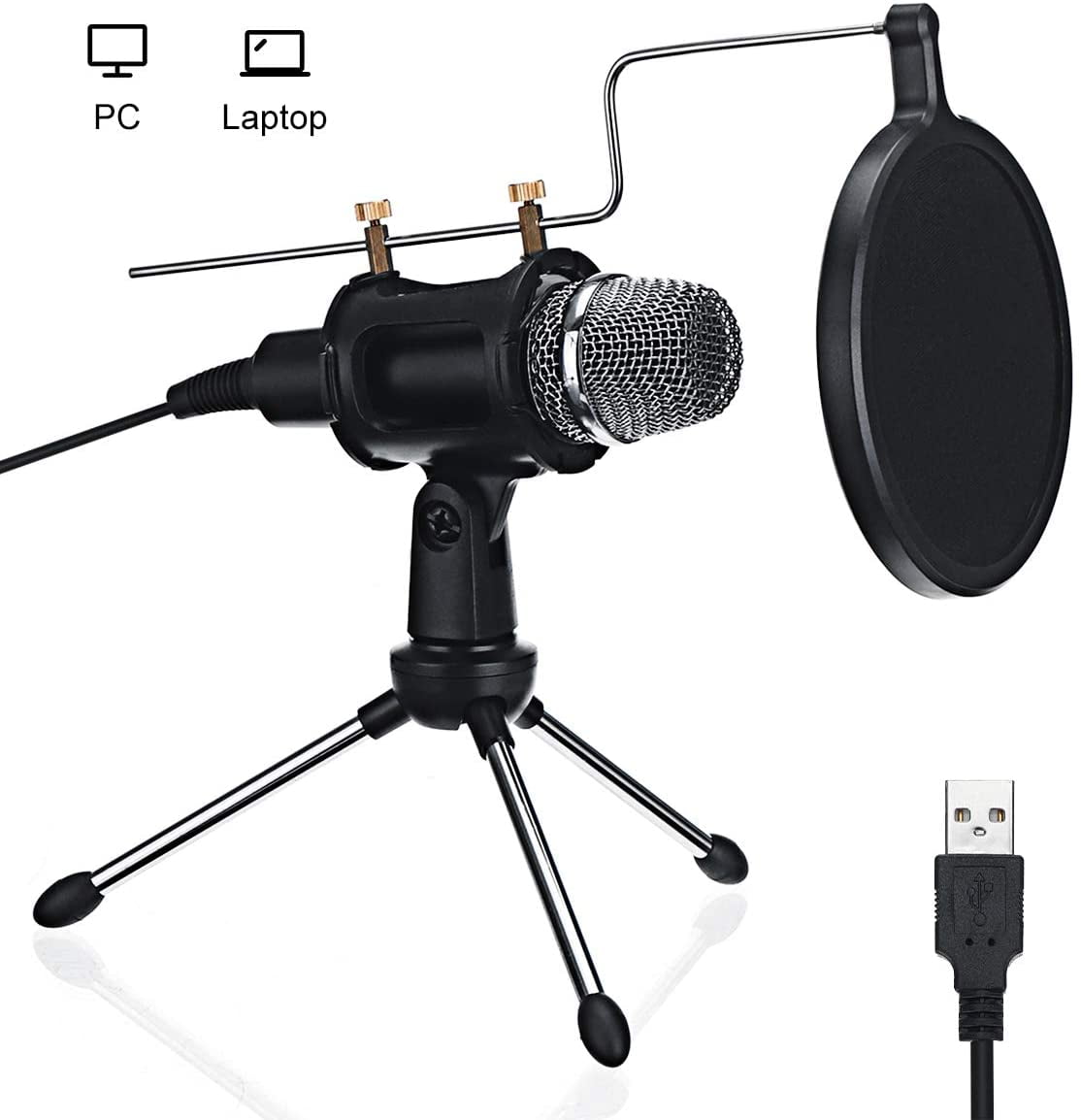 NASUM Desktop Podcast Microphone with Adjustable Metal Tripod Stand Condenser Recording Microphone for Gaming Broadcasting Chatting YouTube,Plug & Play. USB Microphone for Computer 