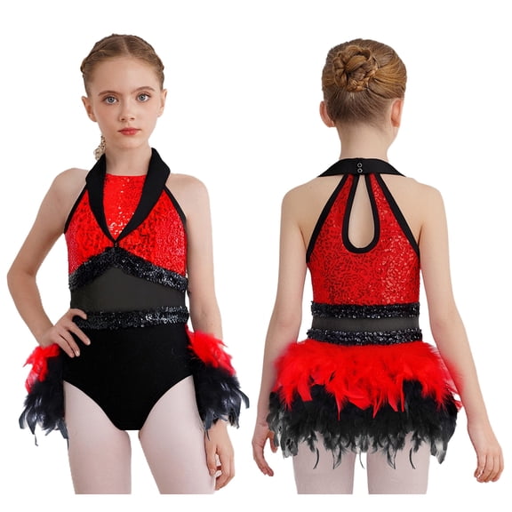iiniim Girls Sequin Latin Jazz Dance Bodysuit Feather Tutu Dress Stage Performance Red 16