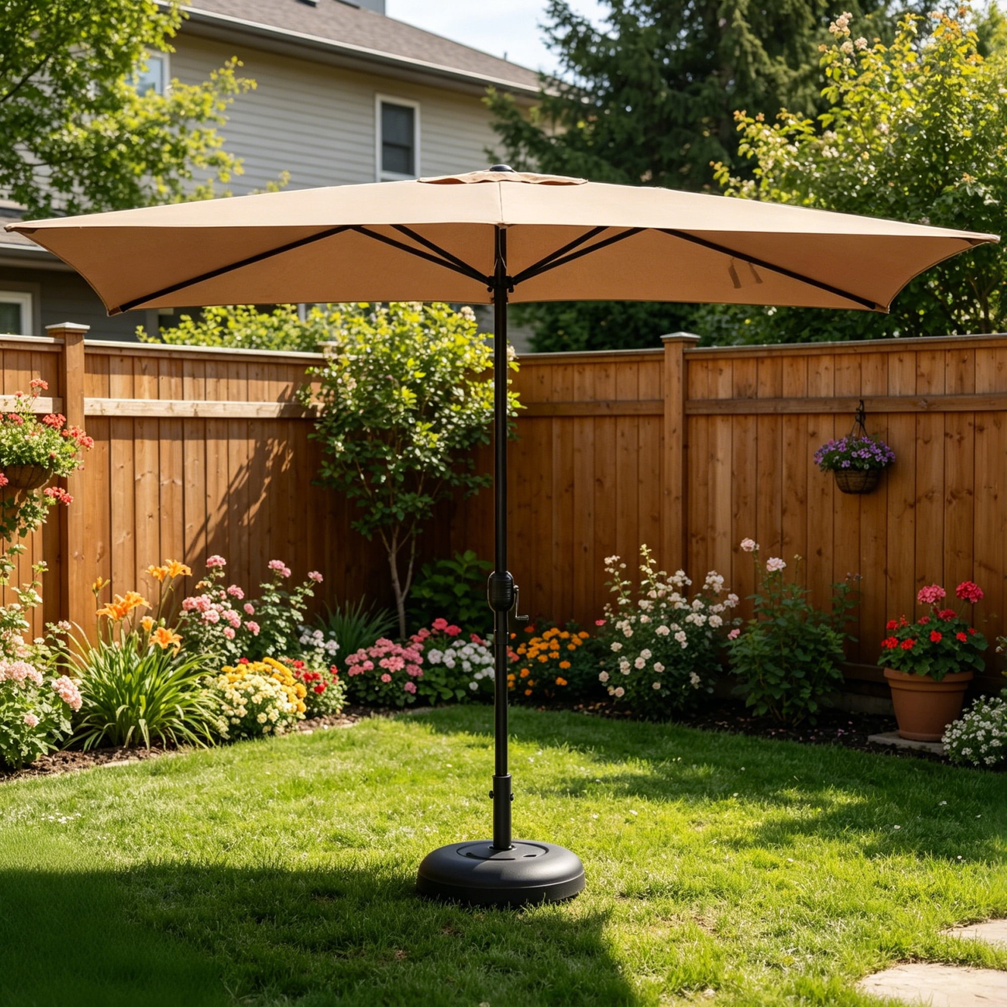 Kool 10x6.5ft Rectangular Patio Umbrella with Crank Handle, Outdoor Market Umbrella with 6 Sturdy Umbrella Ribs, Waterproof, Tan