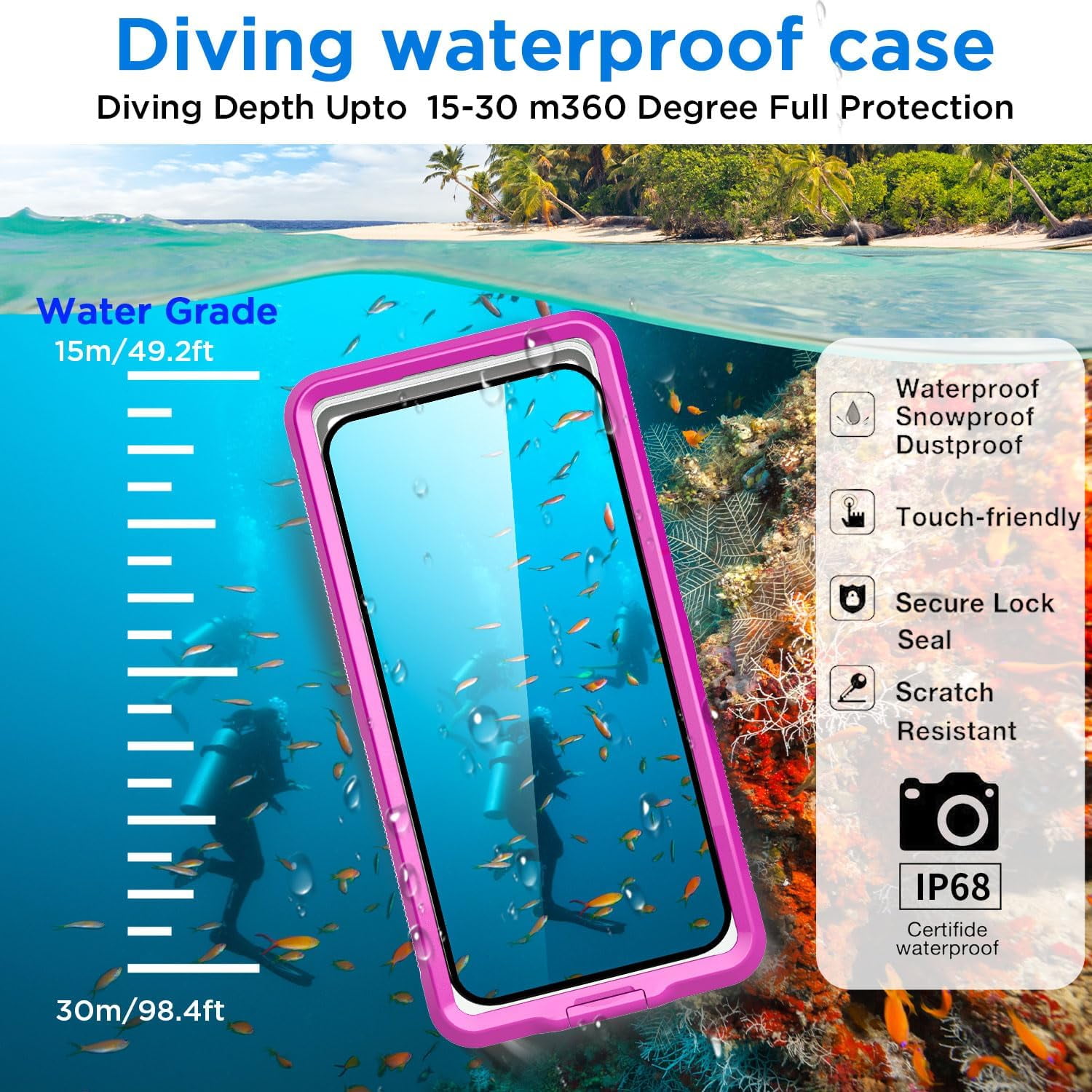 KOMI Waterproof Phone Case,Universal Self-Check Function Underwater Pouch Dry Bag Beach Travel Essentials Tech Gadgets for iPhone 15 14 13 11 12/Samsung S24/LG,Google/Xiaomi/Motorola_Pink