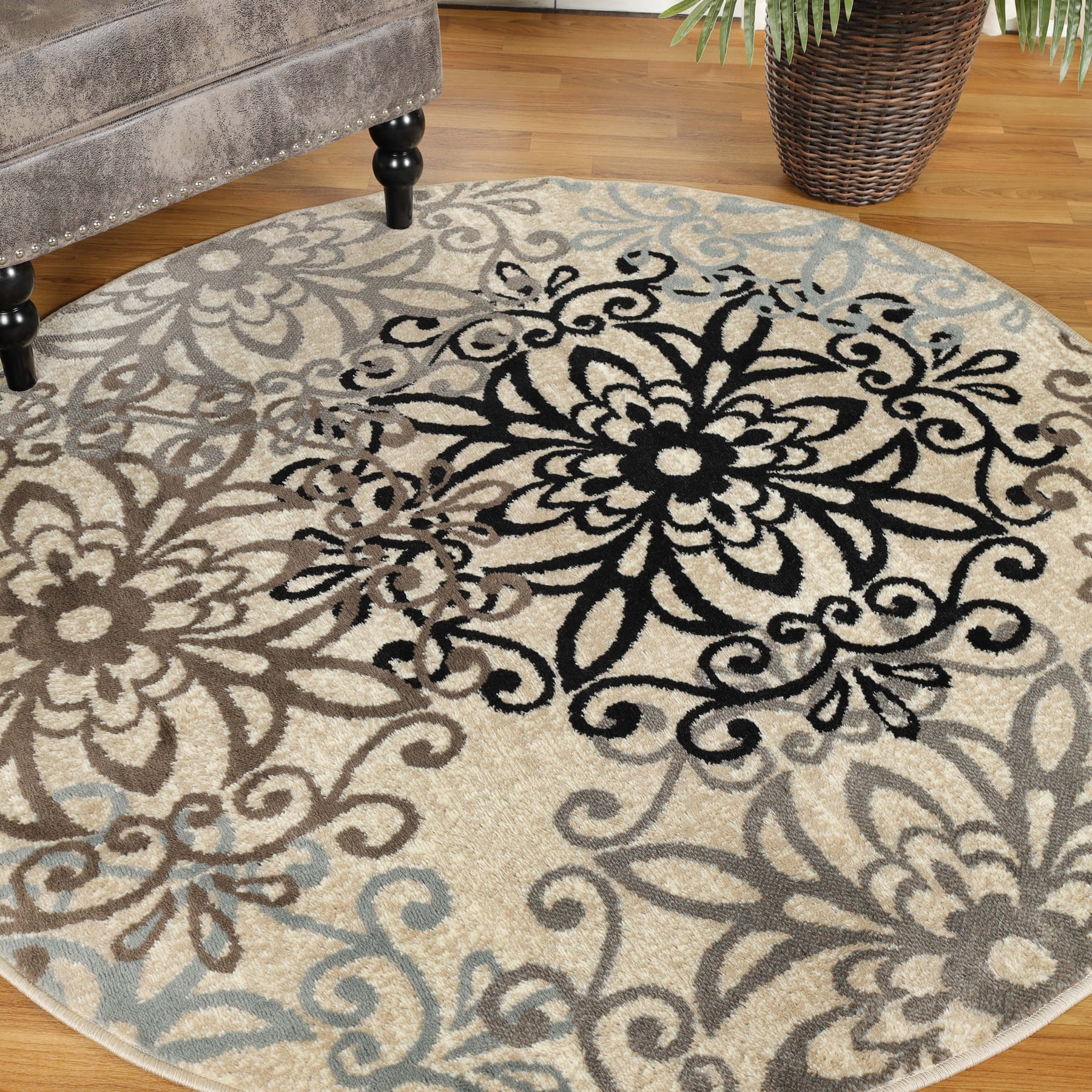 Superior Modern Floral Scroll Pet and Kid-Friendly Indoor Area Rug, 5' Round, Multi-Colored