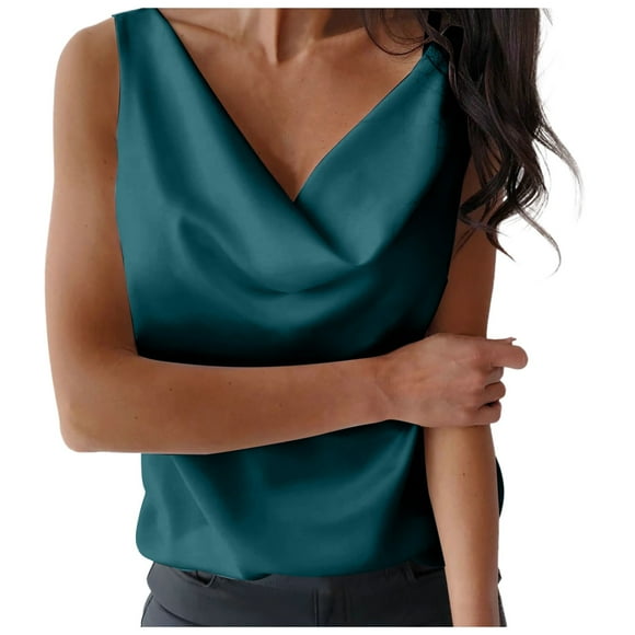 WEIYLL Womens Tops Silk Satin Tank Cowl Neck Sleeveless Camisole Basic Loose Green Top Sizes L