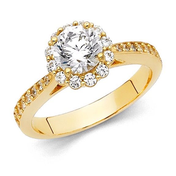 14k Yellow Solid Italian Gold CZ Round Flower Halo Wedding Ring