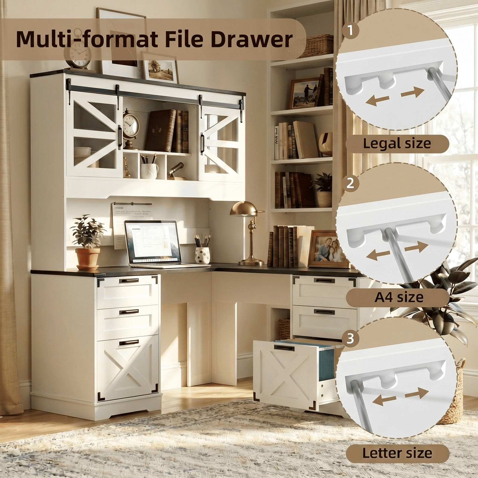 RichYa Farmhouse Executive Desk with Hutch, L Shaped Writing Study Table with Storage Shelves, File Drawers and Charging Station, for Home Office, White