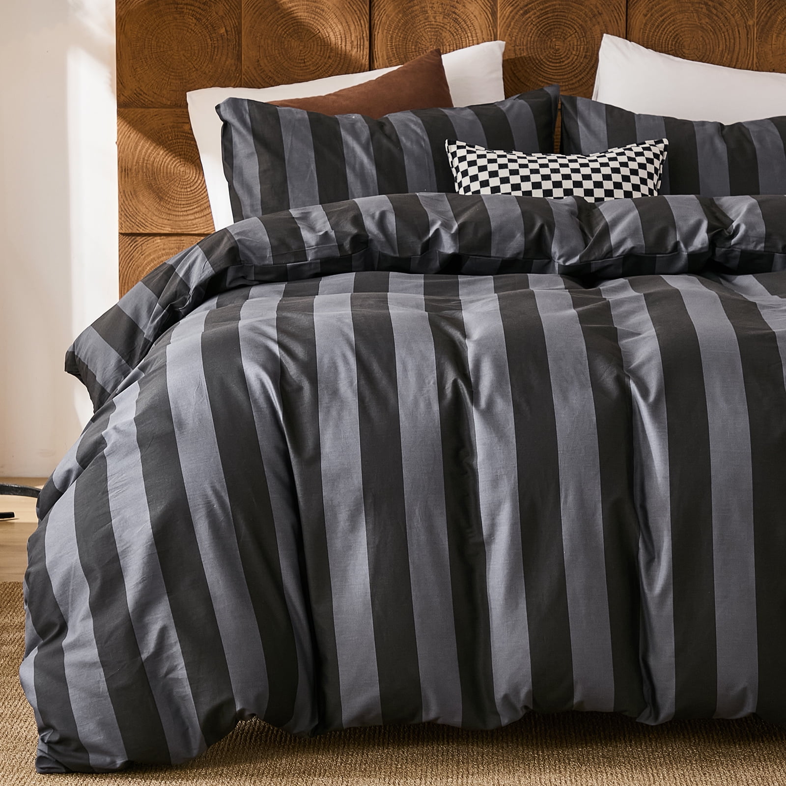 100% Cotton Stripe Duvet Cover Set Queen Size - Gray Striped Duvet Cover Set with Zipper Closure & 8 Corner Ties, Modern Minimalist Wide Stripe Bedding Set for Cozy Elegant Bedroom