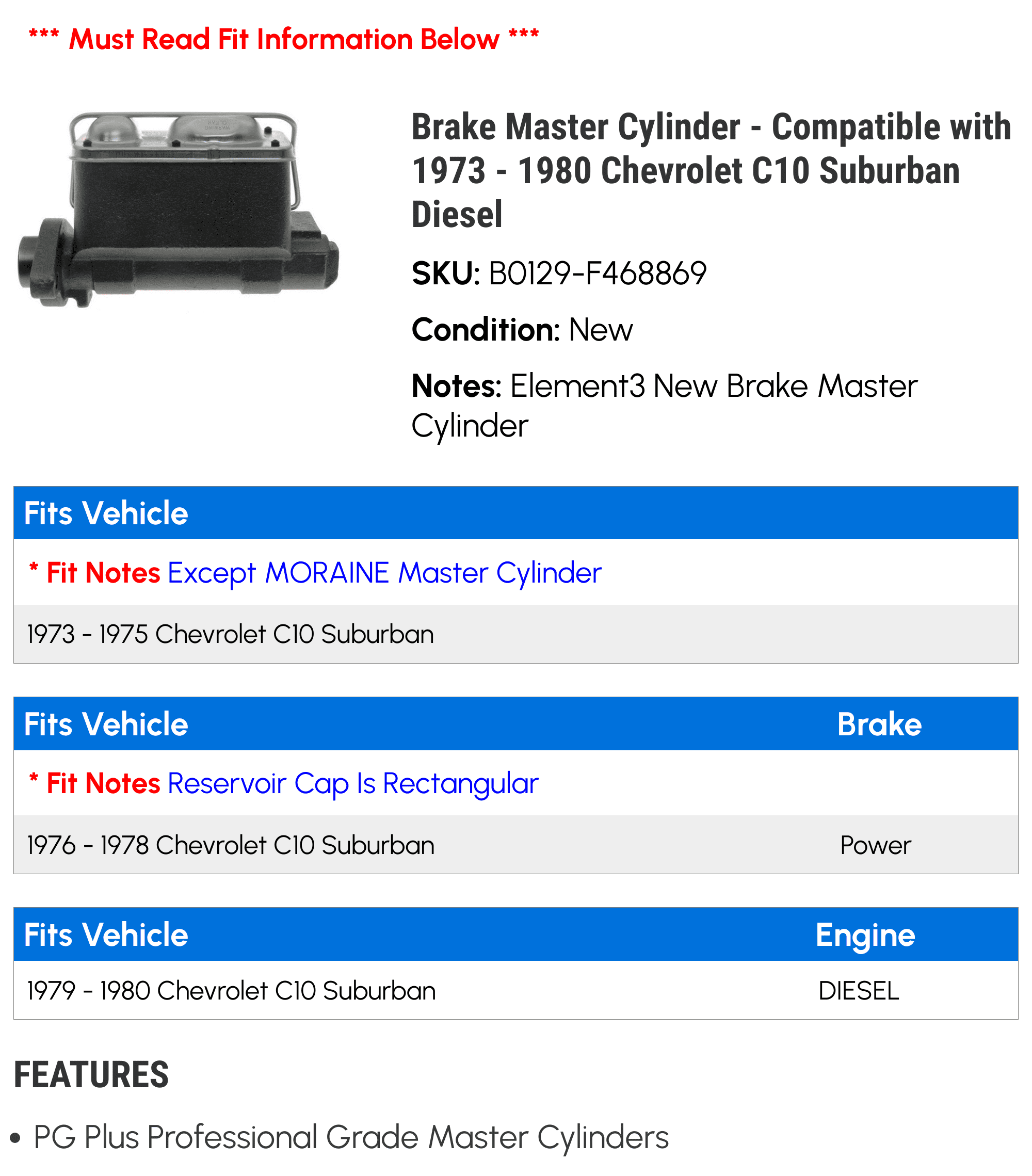 Brake Master Cylinder - Compatible with 1973 - 1980 Chevy C10 Suburban Diesel 1974 1975 1976 1977 1978 1979