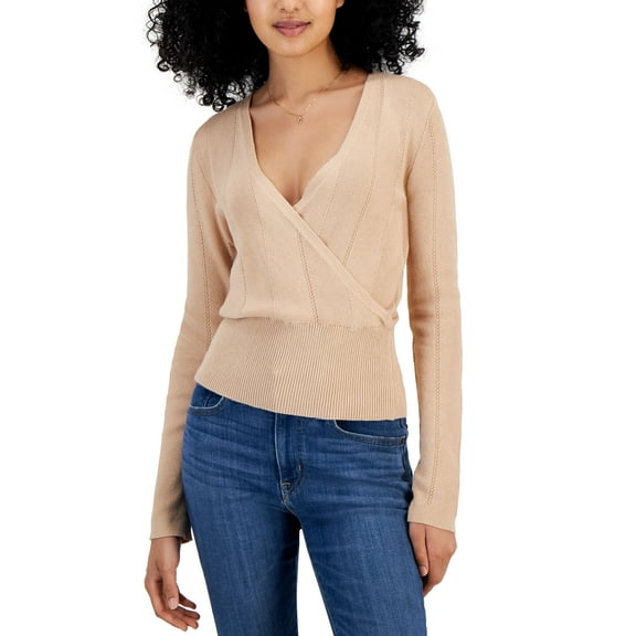 Juniors' Surplice-Neck Ribbed-Hem Sweater Vintage Wheat L