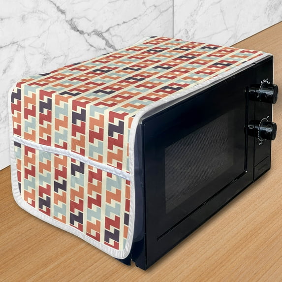 Colorful Microwave Oven Cover, Retro Geometric Shaped Composition with Horizontal Zigzag Simple Maze Like Forms, Water Resistant Organizer with Pockets for Kitchen, 36" x 12", Multicolor, by Ambesonne