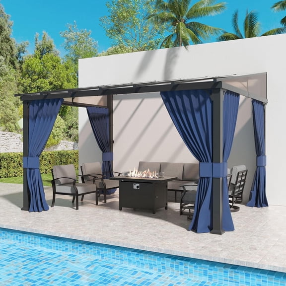 Kullavik 10' × 12' Hardtop Gazebo for Patio, Wall-Mounted Lean to Gazebo Pergola with Sloping Roof and Durable Aluminum Frame, Large Heavy Duty Awnings for Decks Backyard, Navy Blue