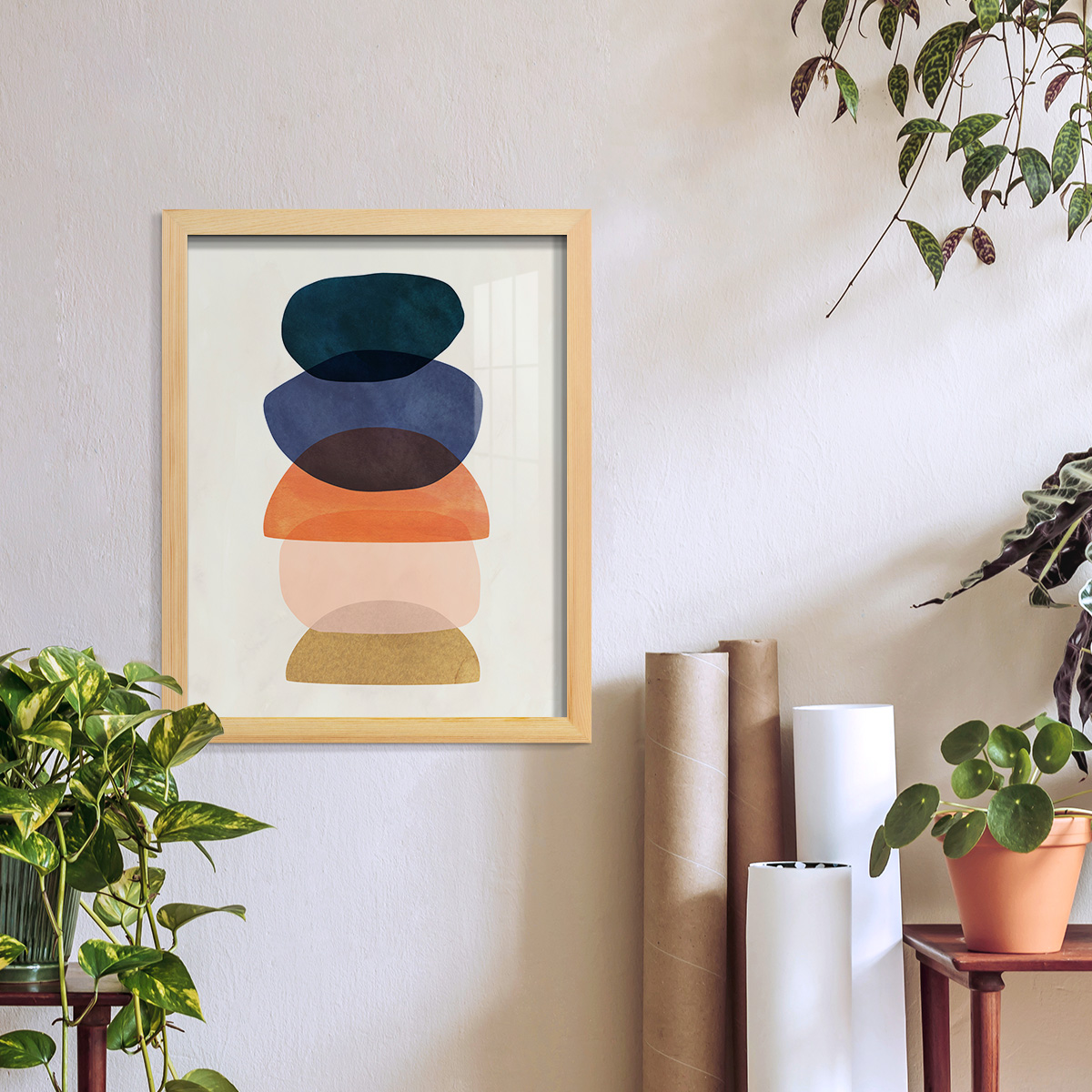 Mod Pods I -Framed Print w/glass-Natural Wood