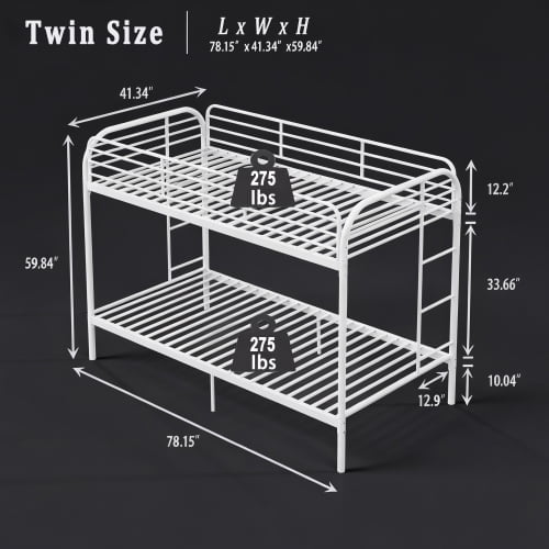 Twin Over Twin Metal Bunk Bed with Ladder and High Guardrail, Noise-Free, Underbed Storage, White