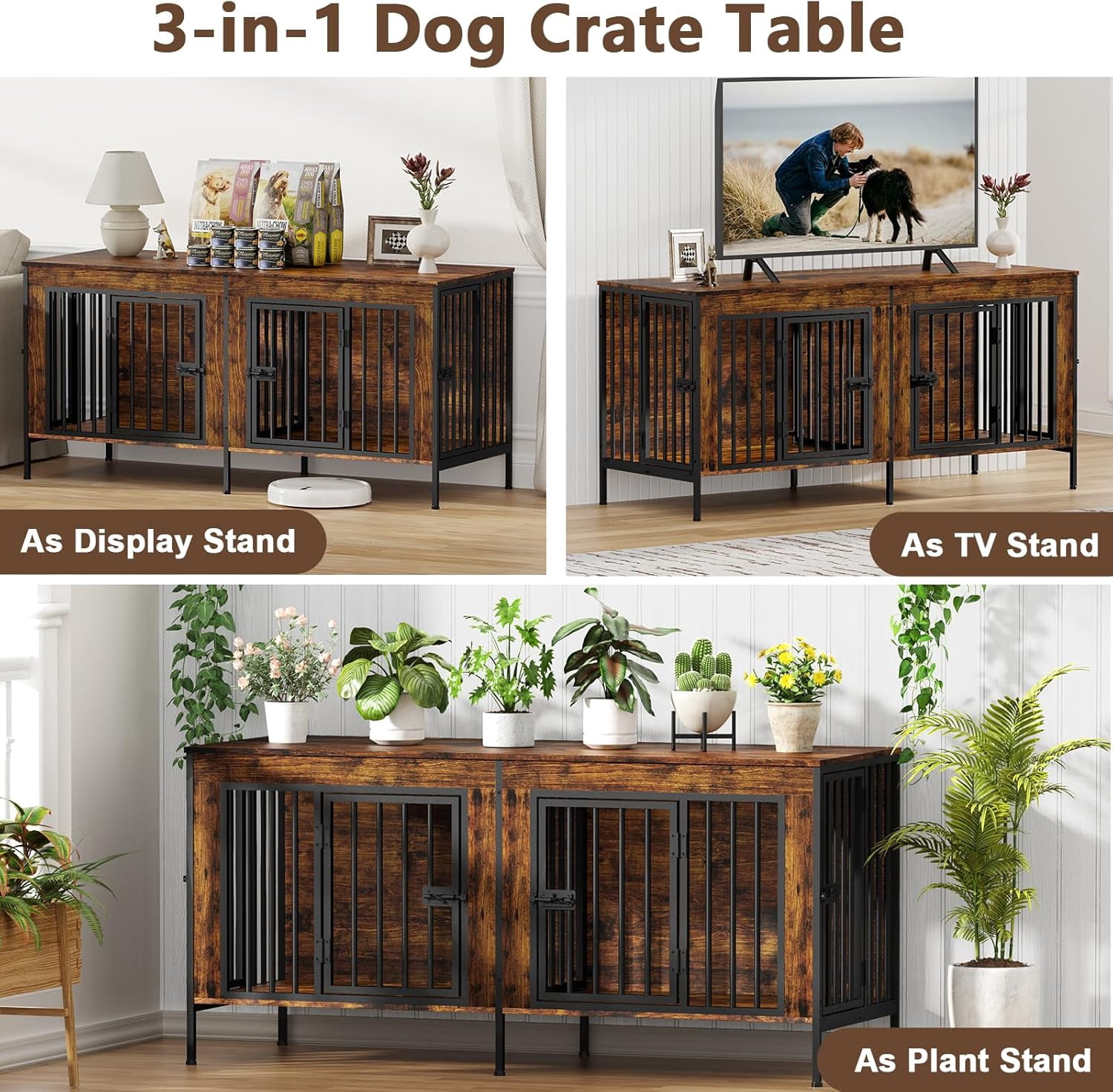 POAO 55.12" L Dog Crate Furniture for 2 Dogs, Heavy Duty Double Dog Crates for Small Dogs(0-20 Pounds), Dog Kennel Furniture Indoor as TV Stand,Brown