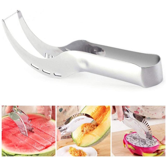 Cuchillo para sandía, rebanador de sandía de acero inoxidable Rebanador de frutas Rebanador de sandía de acero inoxidable para papaya Honeydew - Plata Zhivalor LN-0037