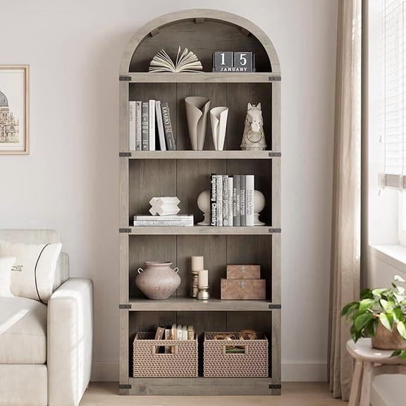 71.65 Inch Tall 5-Shelf Arched Farmhouse Bookcase, Wooden Display Storage Rack, Multifunctional Bookshelf for Home Office Living Room, Gray