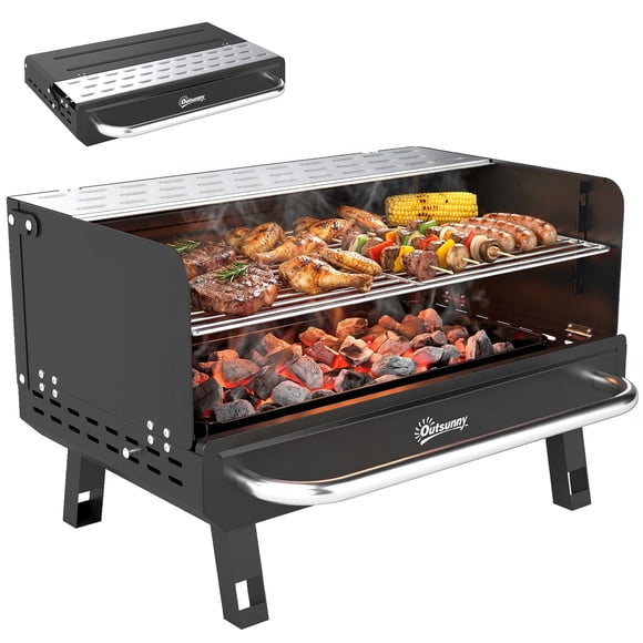 Outsunny Portable Charcoal BBQ Grill with Adjustable Grates, Black