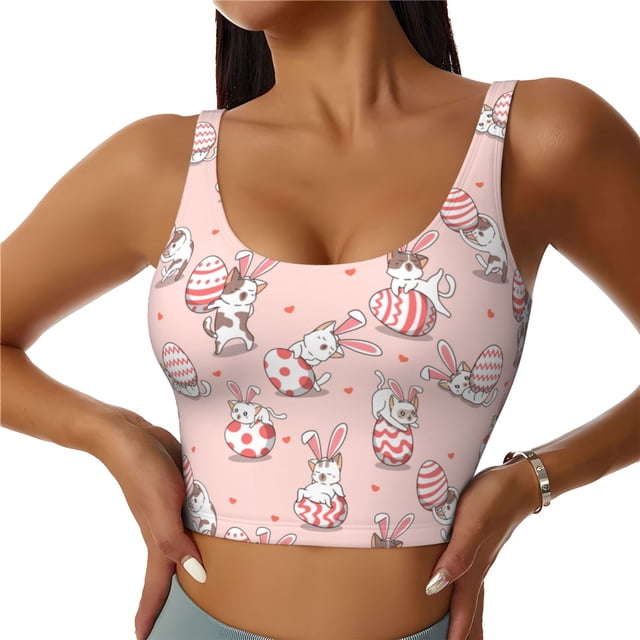 Saiise Easter Rabbit Print Sports Bras for Women,Racerback Running Bra Workout Crop Tank Tops Longline Sports Bra Push up-Large