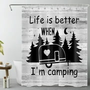 HVEST Camping Theme Shower Curtain for Bathroom,Forest Black Camper Car Funny Travel Trailer Fabric Shower Curtain with Hooks,Farmhouse Rustic Vintage Grey Wood Bathroom Curtain Shower Set, 60x72 inch