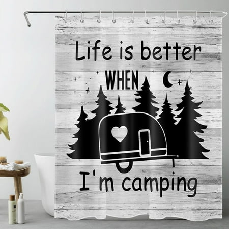 HVEST Camping Theme Shower Curtain for Bathroom,Forest Black Camper Car Funny Travel Trailer Fabric Shower Curtain with Hooks,Farmhouse Rustic Vintage Grey Wood Bathroom Curtain Shower Set, 60x72 inch