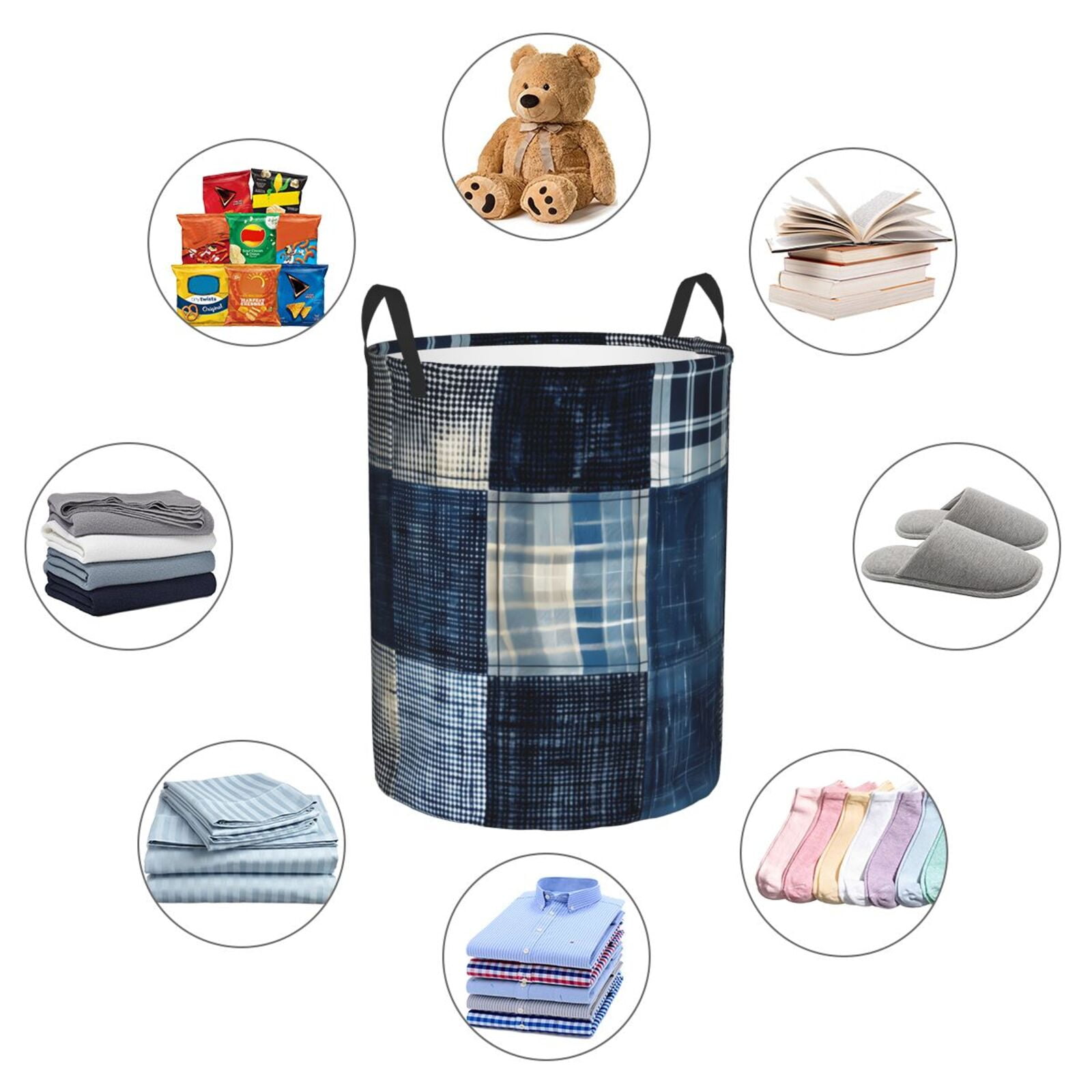 Large Laundry Basket with Handles - Indigo Patchwork Quilt Kids Baby Dirty Clothes Laundry Hamper for Bedroom Aesthetic