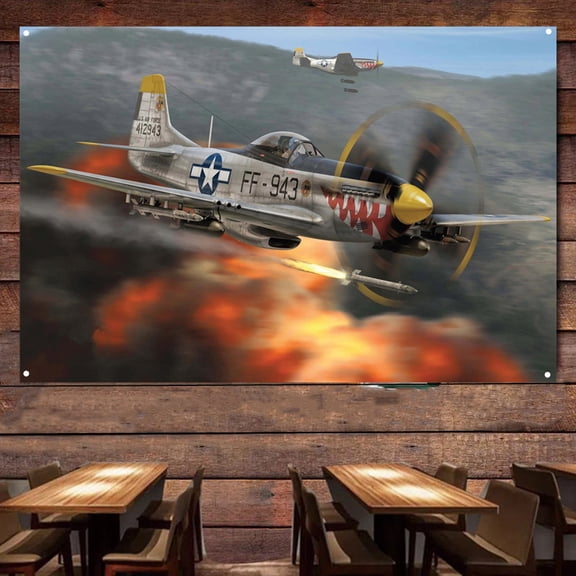 WW II US P-51D Fighter Banner Flip Chart - Military Aviation Poster Wall Hanging Flag For Wall Decor - Attack Aircraft Canvas Print Art Work - Fighter Jet Wall Art Decor 38" x 57"