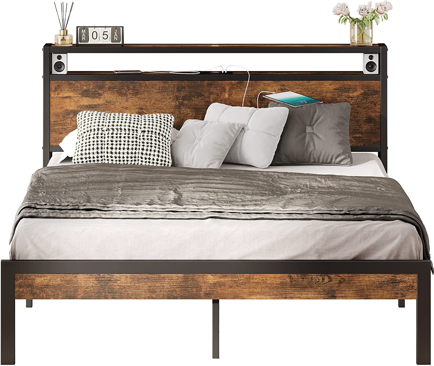 IRONCK Queen Bed Frame,Platform Bed with 2Tier Storage Headboard and