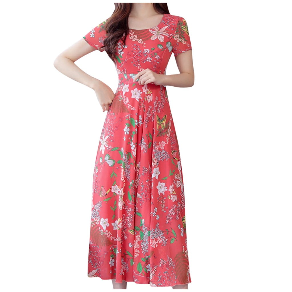 Follure Clothing Summer Dresses for Women 2022 Women Fashion Summer Mid-Calf Short Sleeve Beach Printing Dress, Women's, Size: Small, Red