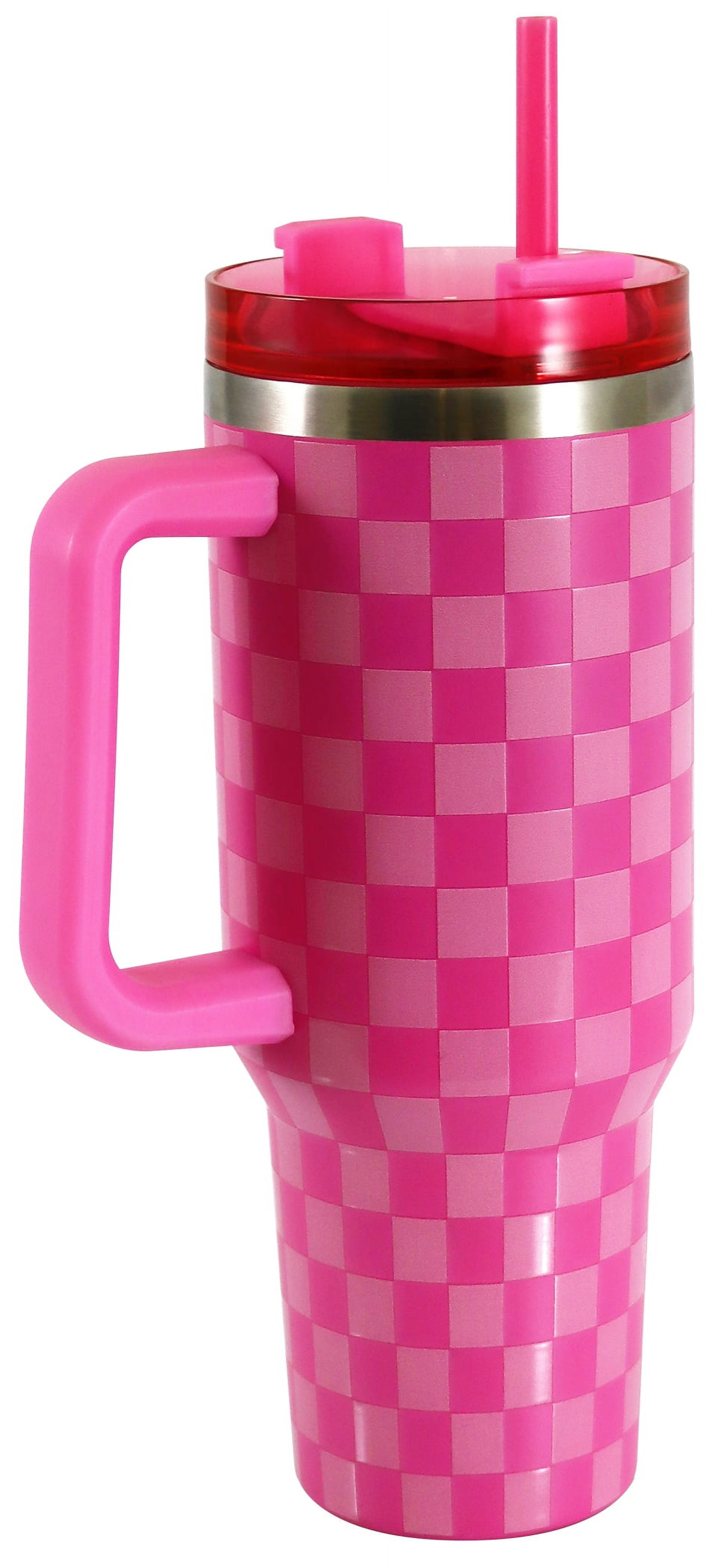 Mainstays 40 oz Stainless Steel Tumbler with Straw and Handle, Double Wall Insulated, Pink Check