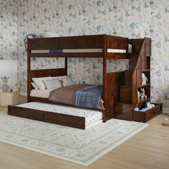 Dover Full over Full Wood Staircase Bunk Bed with Drawer & Trundle in Walnut