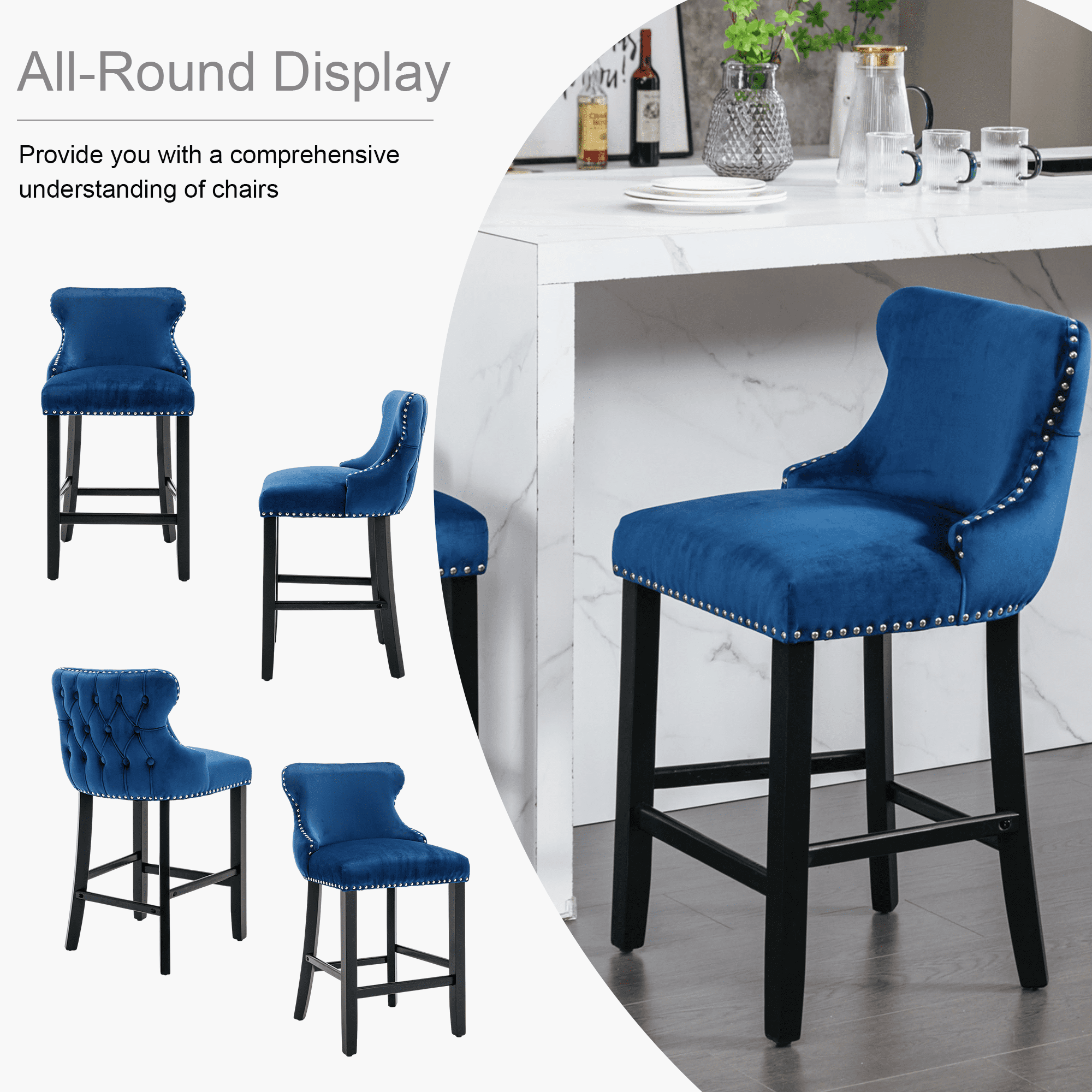 Velvet Counter Height Upholstered Barstools, Bar Stools Seat Height 27", Counter Height Armless Bar Chairs Button Tufted with Solid Wood Legs and Footrest for Kitchen Island Bar Area (Set of 2)