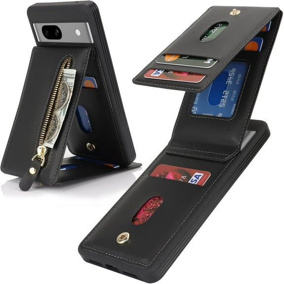 for Google Pixel 7A Case with Card Holder for Women, for Google Pixel 7A Phone Case Wallet with Credit Card with Ring Kickstand Zipper Shockproof Slim Stand Case - Black