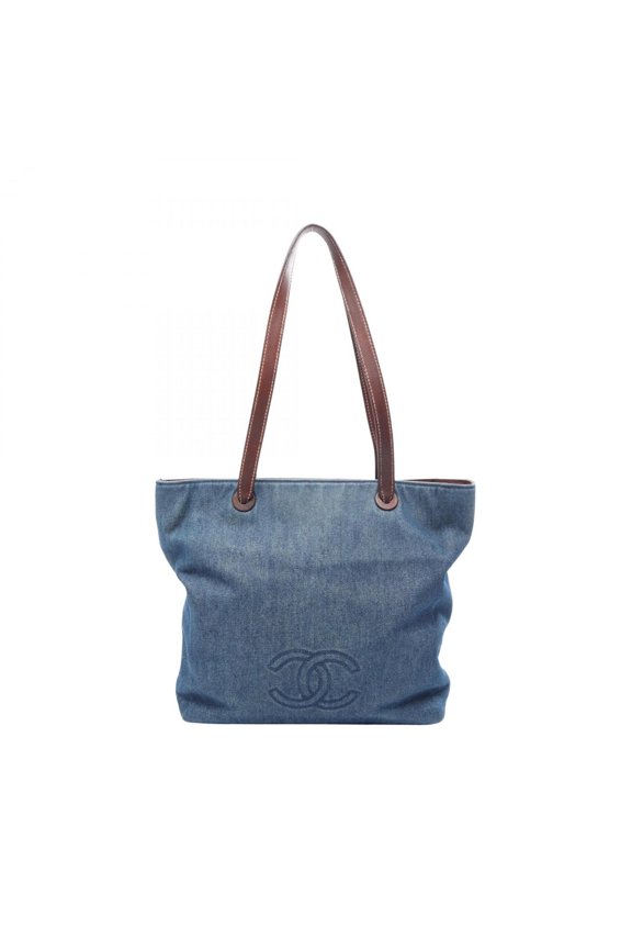 Pre-Owned Chanel Coco Mark Tote Bag Handbag Denim Leather Women's Navy Brown